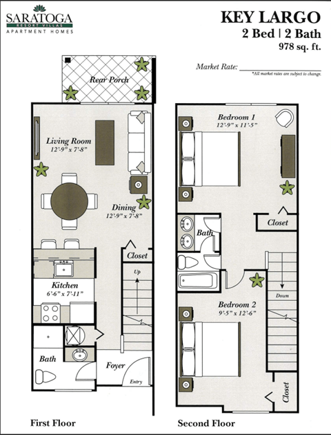 the key largo 2 bed 2 bath floor plan at Saratoga Resort Villa Apartments, Kissimmee, FL, 34746